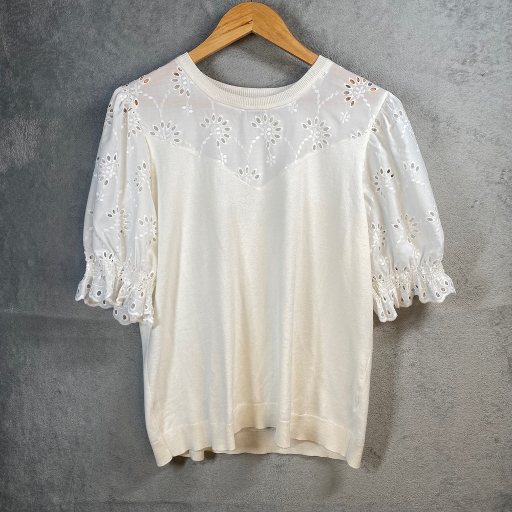 Adrianna‎ Papell Eyelet Puff Sleeve Knit Top Womens XL Cottagecore Romantic